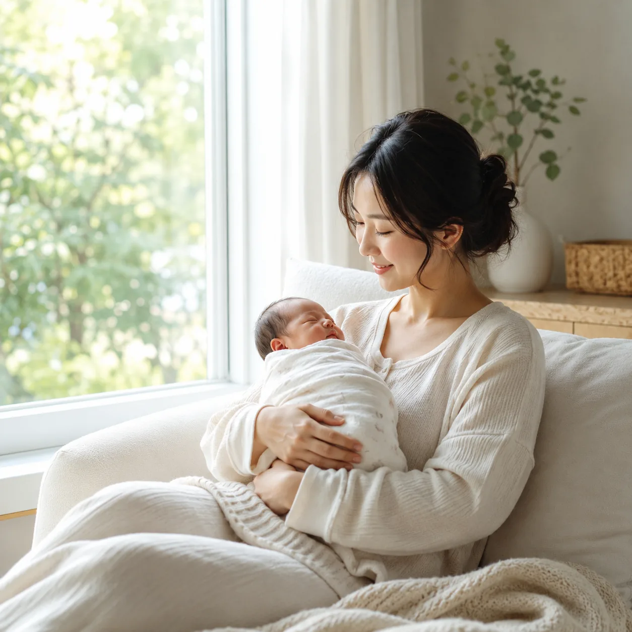 산욕기 회복 중인 산모와 신생아