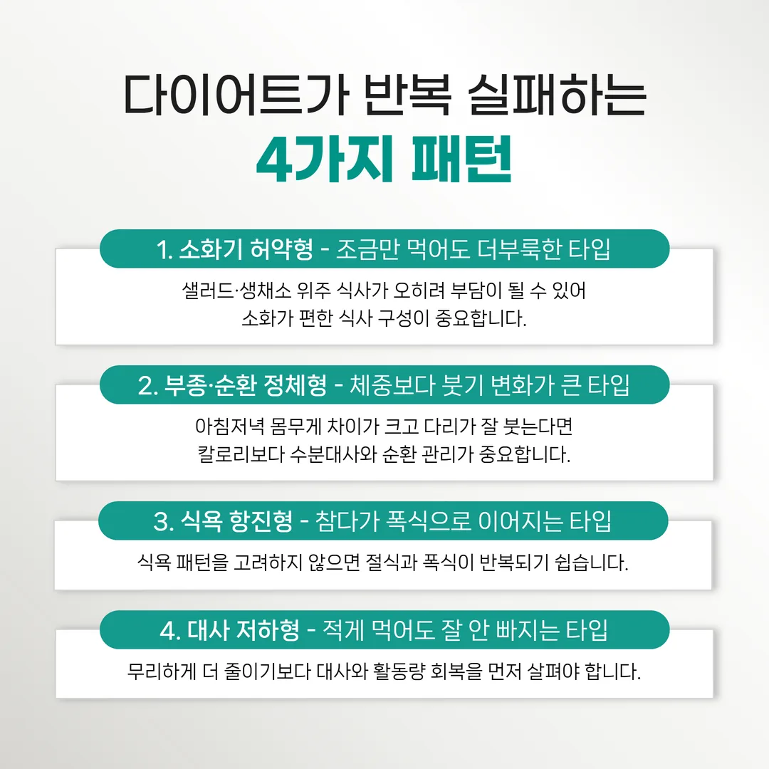 체질 다이어트 실패 패턴 4가지 비교 인포그래픽