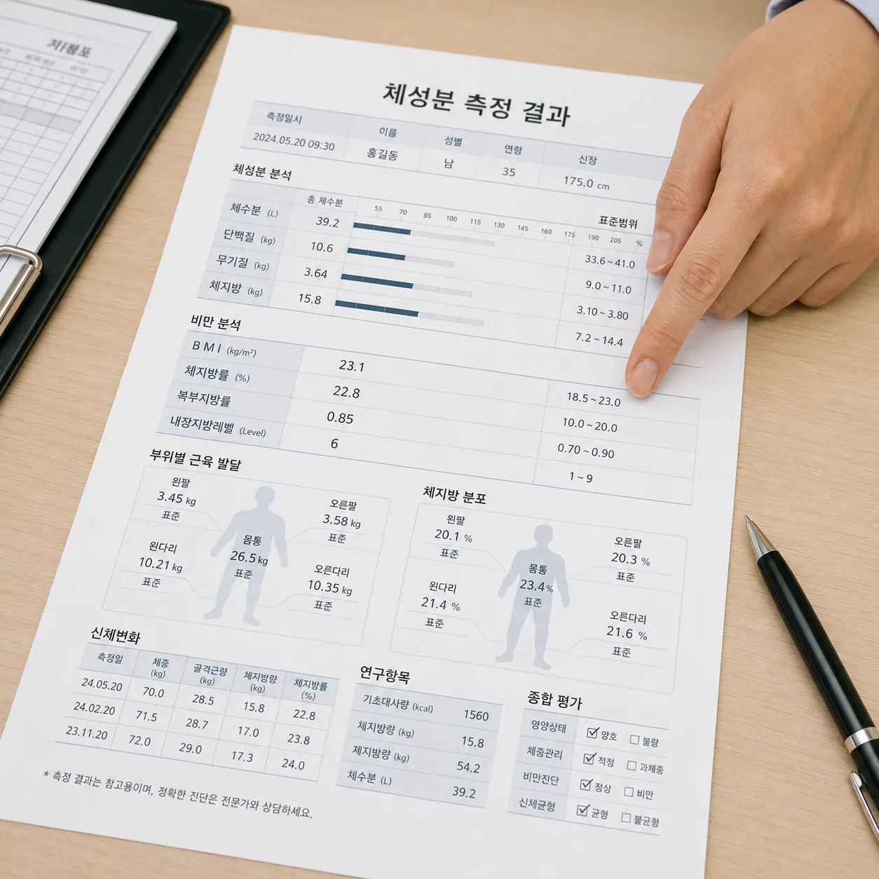 체지방률 정상범위 확인을 위해 체성분 측정 결과지를 보는 모습