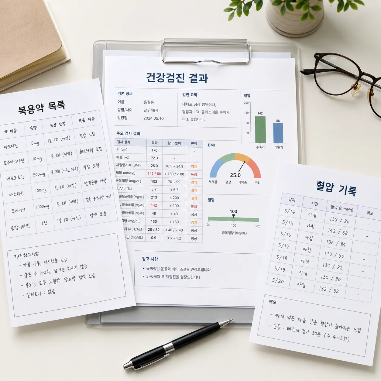 한약 상담 전 준비할 복용약 목록과 건강검진 결과지, 혈압 기록 안내