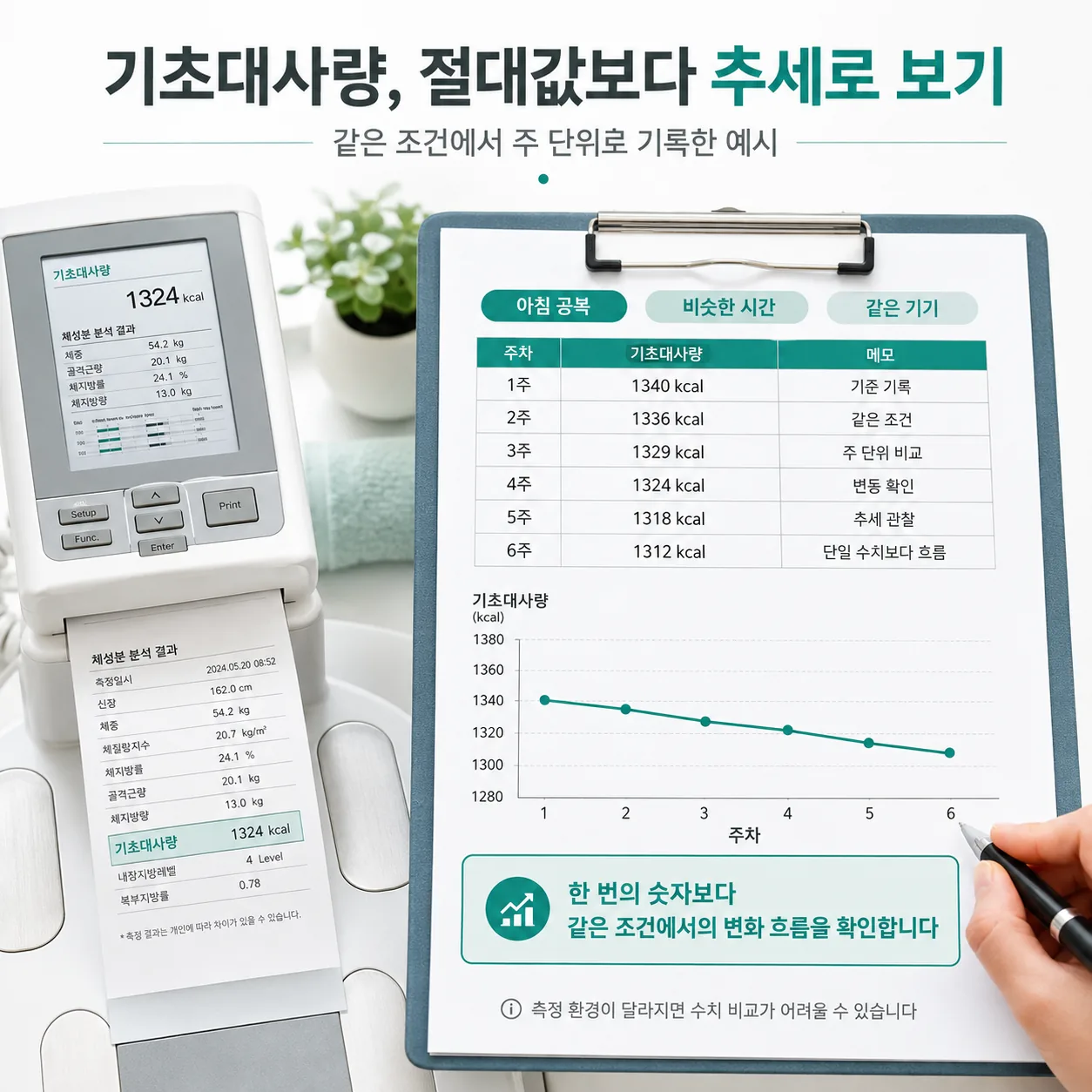 기초대사량 측정값을 절대값이 아닌 추세로 읽는 기록 예시