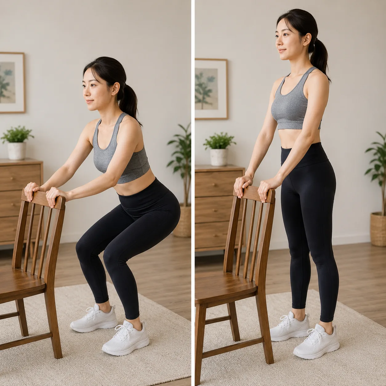 마른비만 관리를 위한 의자 스쿼트 동작