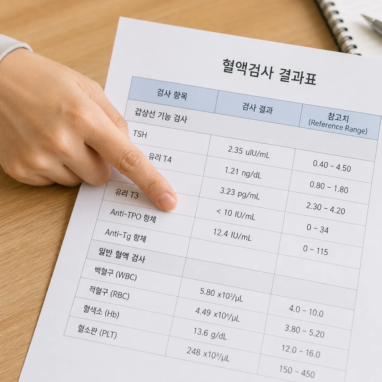 갑상선 기능 혈액검사 결과지의 TSH와 유리 T4 항목