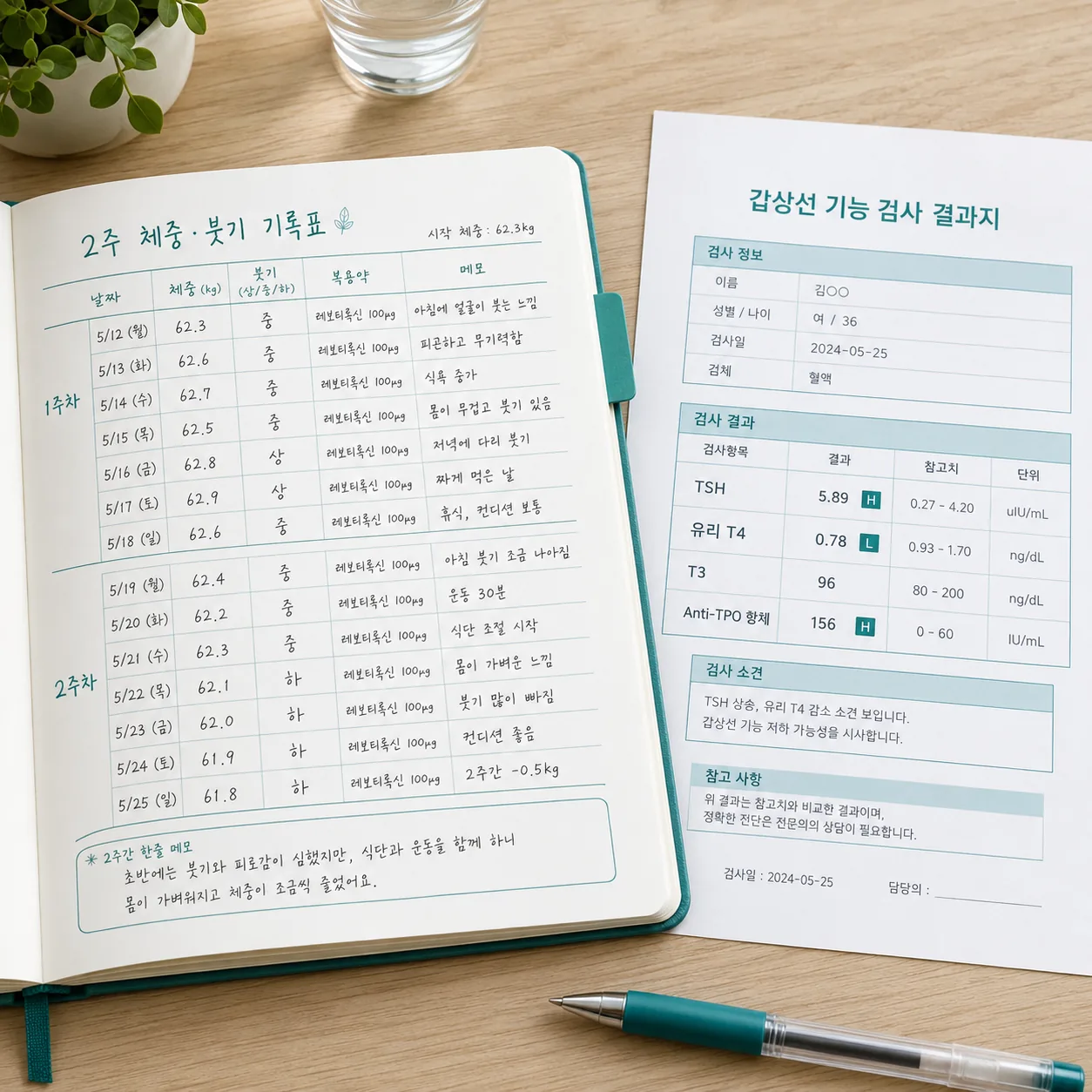 체중과 붓기, 복용약을 기록한 2주 기록 노트