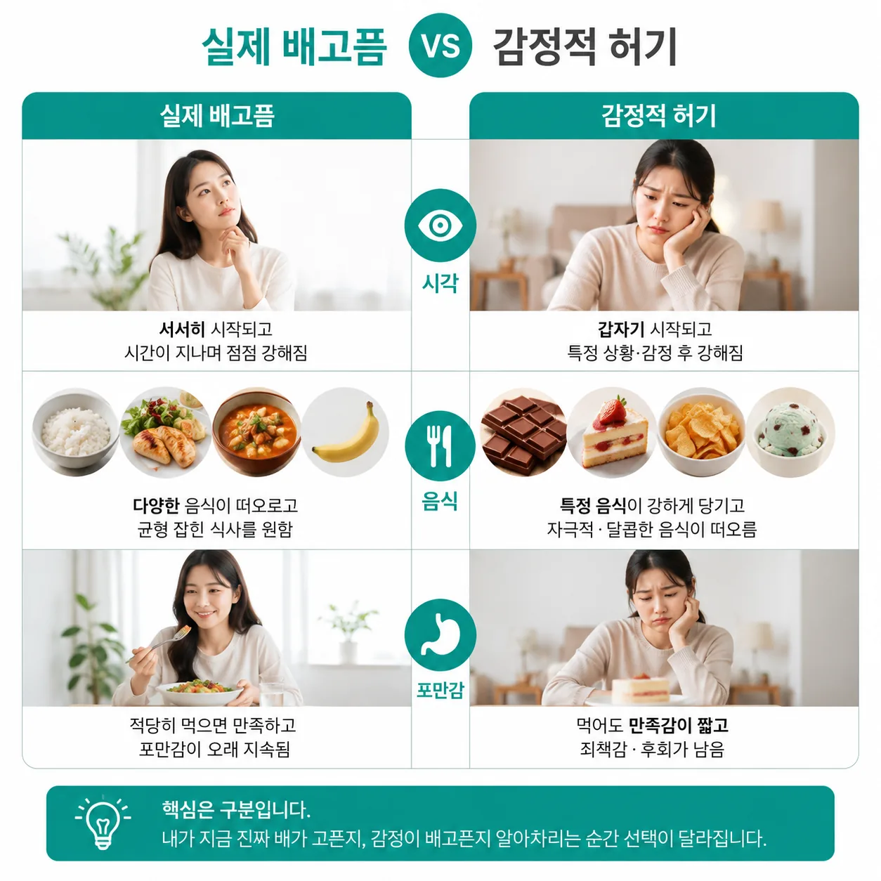 감정적 허기와 실제 배고픔을 구분하는 확인 지점