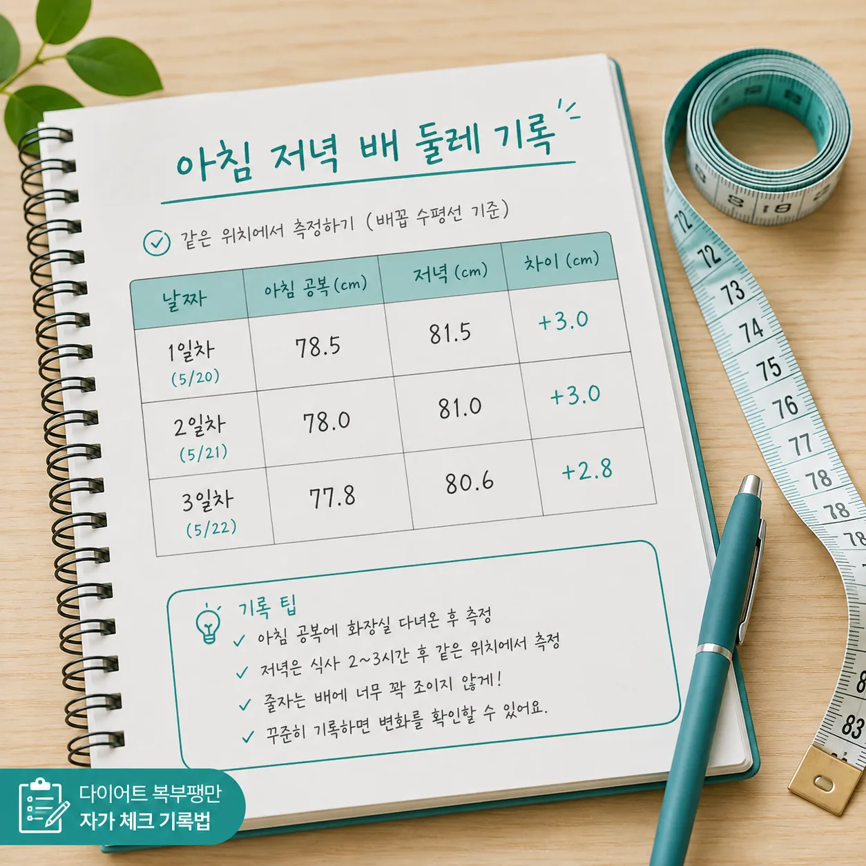 다이어트 복부팽만 자가 확인을 위한 아침 저녁 배 둘레 기록