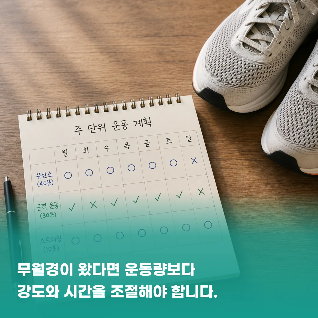 주 단위 운동 계획이 적힌 달력과 러닝화