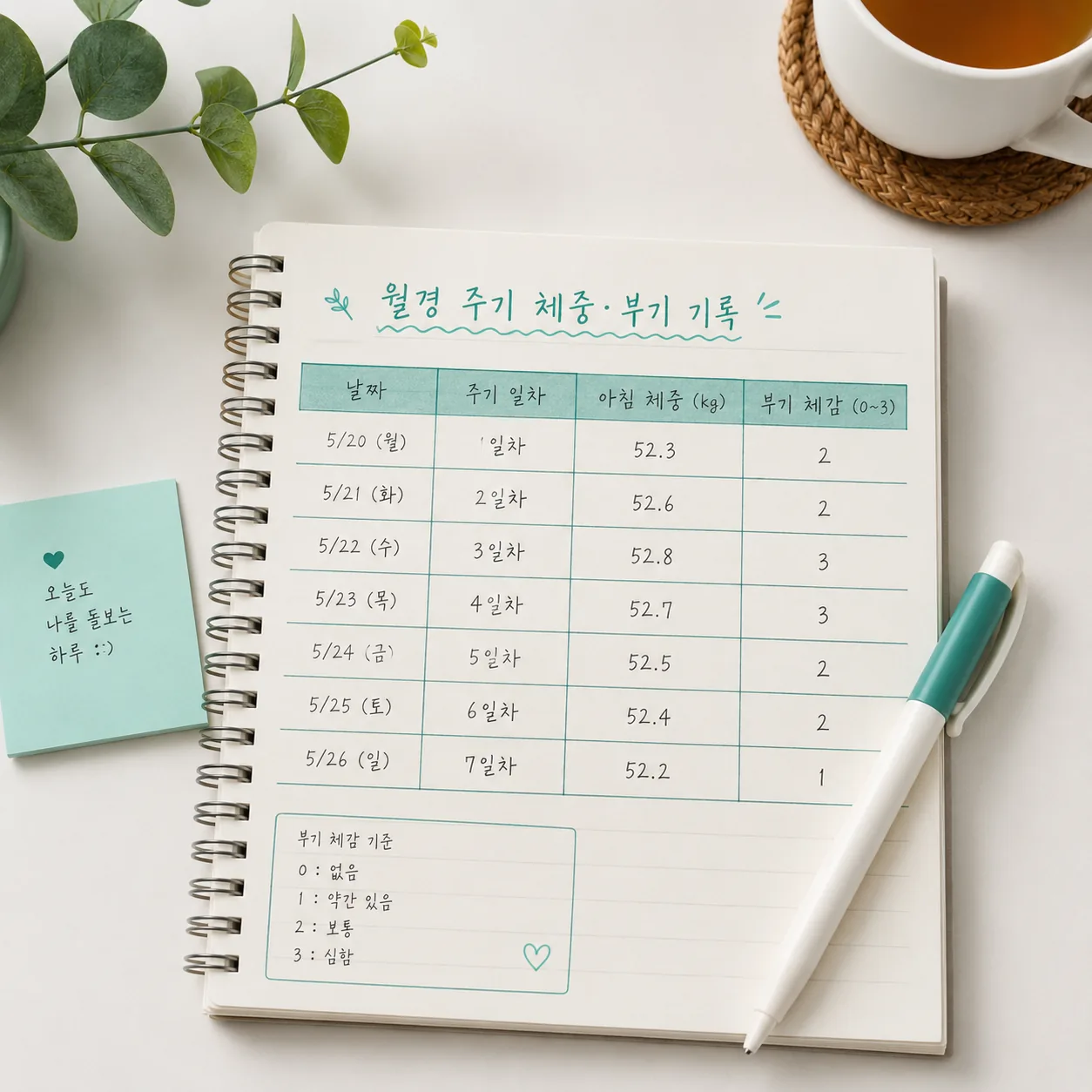 주기 일차와 체중·부기를 함께 적은 기록표