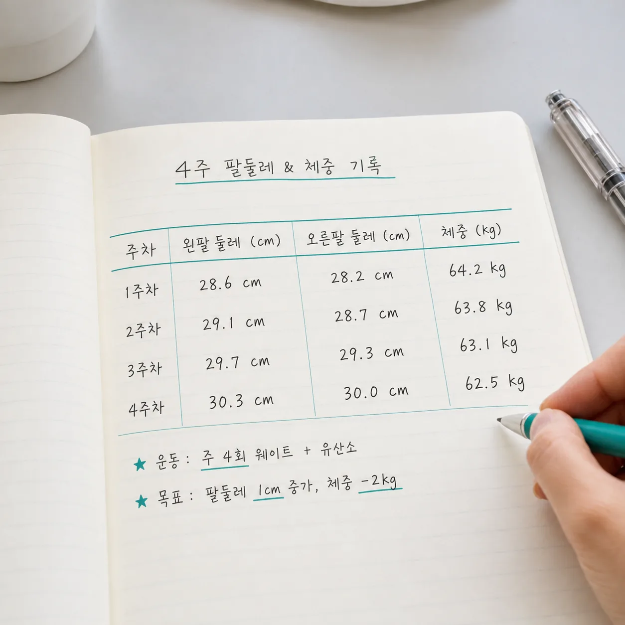4주 동안 양쪽 팔 둘레와 체중을 함께 기록한 노트