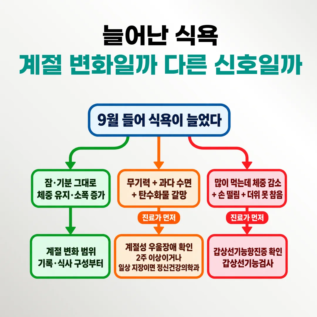 늘어난 식욕에 함께 온 증상에 따라 계절 변화 범위, 계절성 우울장애 확인, 갑상선기능검사 세 갈래로 나뉘는 분기도