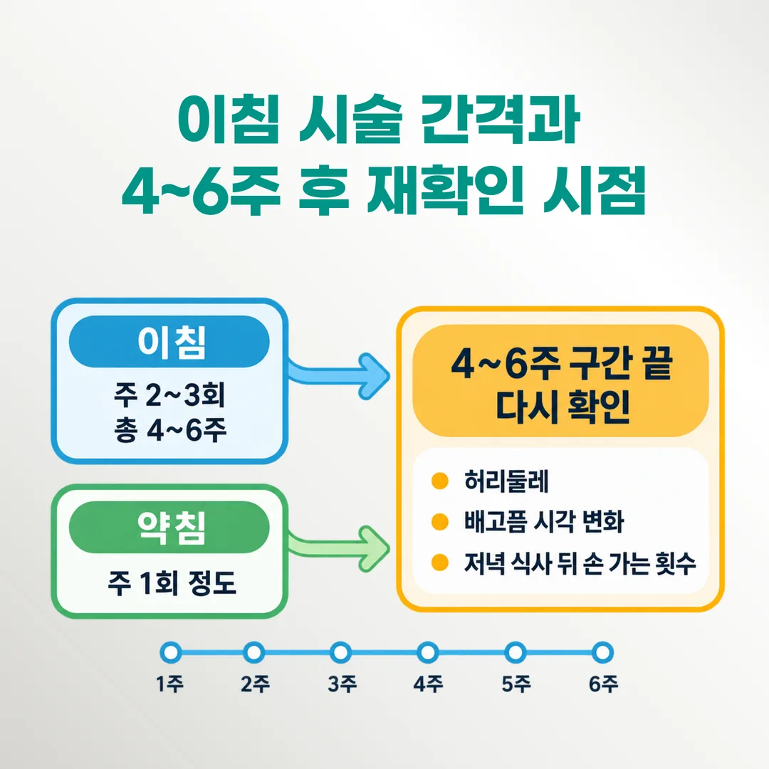 이침 주 2~3회 총 4~6주 구간과 구간 끝 재측정 시점을 나타낸 타임라인
