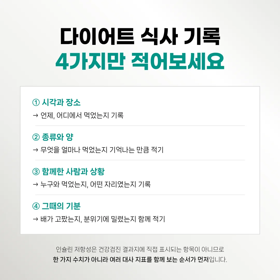 식사 기록의 네 가지 항목을 칸으로 나눈 기록지 예시 도식