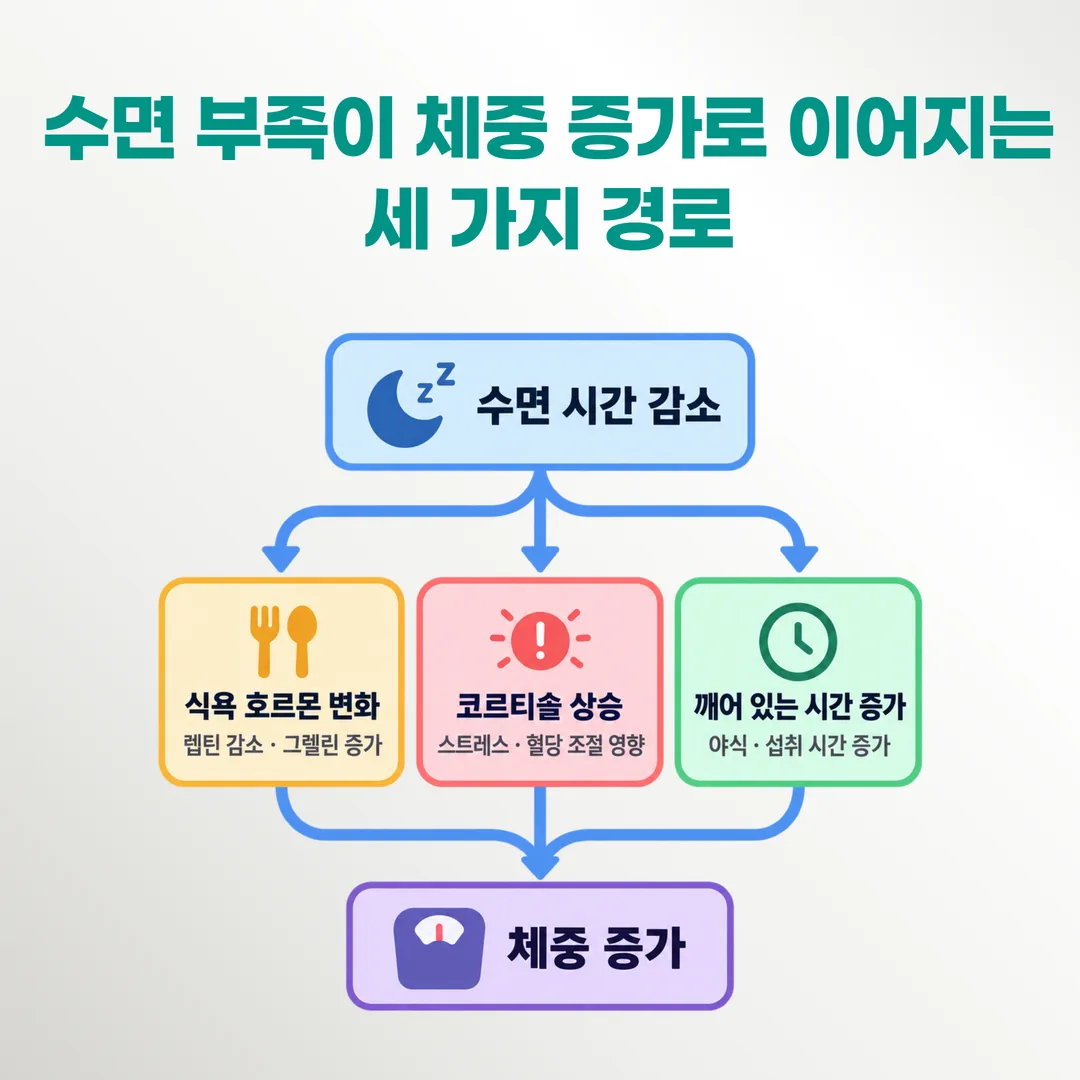 수면 부족이 체중 증가로 이어지는 세 가지 경로 개념도