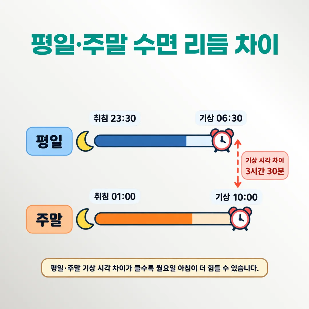 평일과 주말 기상 시각 차이를 비교한 2주 수면 리듬 도식