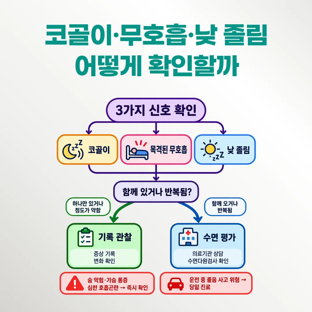 코골이와 낮 졸림이 함께 올 때의 확인 순서 갈림 도식