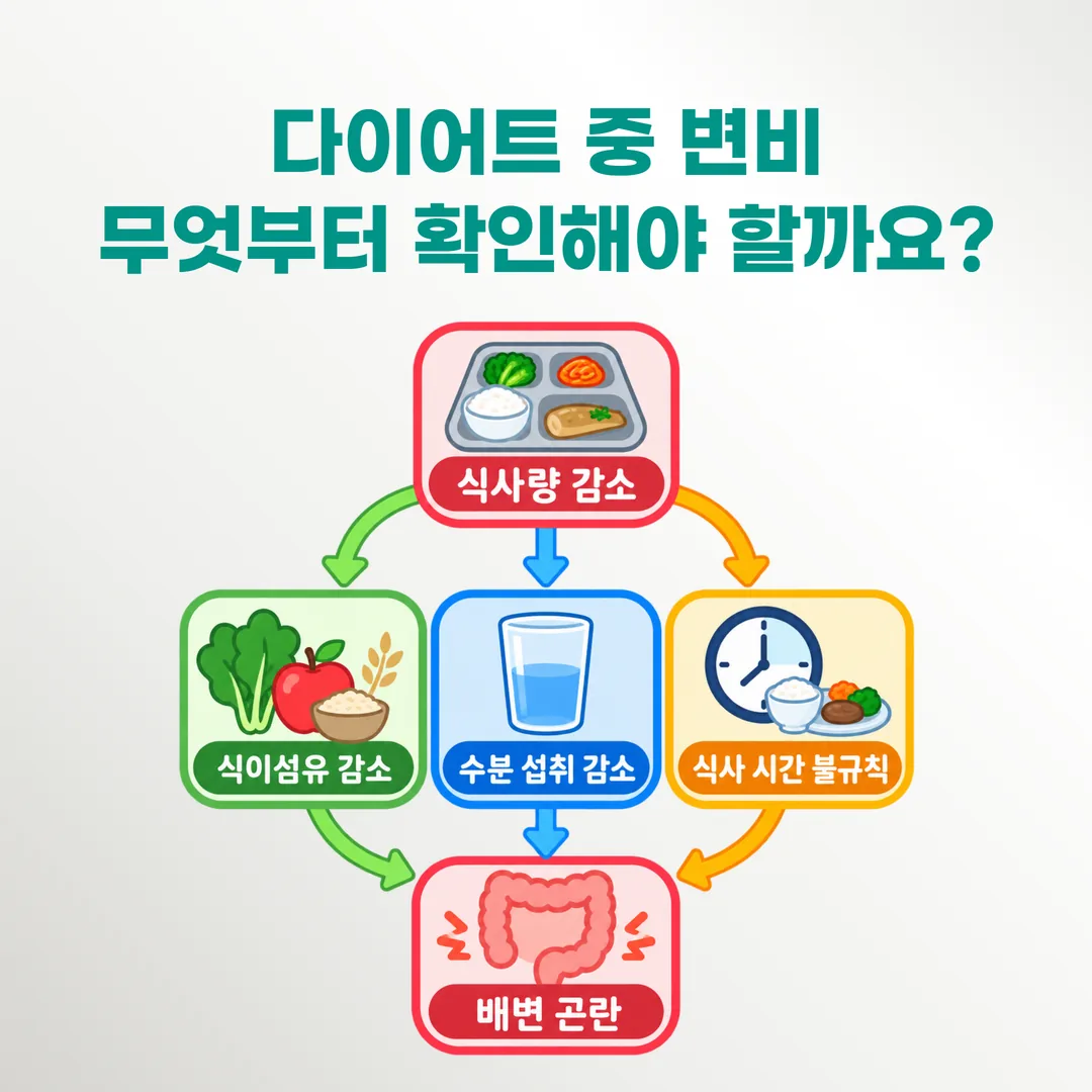 다이어트 중 식사량 감소가 식이섬유 섭취·수분 섭취·식사 시간 세 경로로 나뉘어 배변 곤란으로 이어지는 관계를 나타낸 개념도