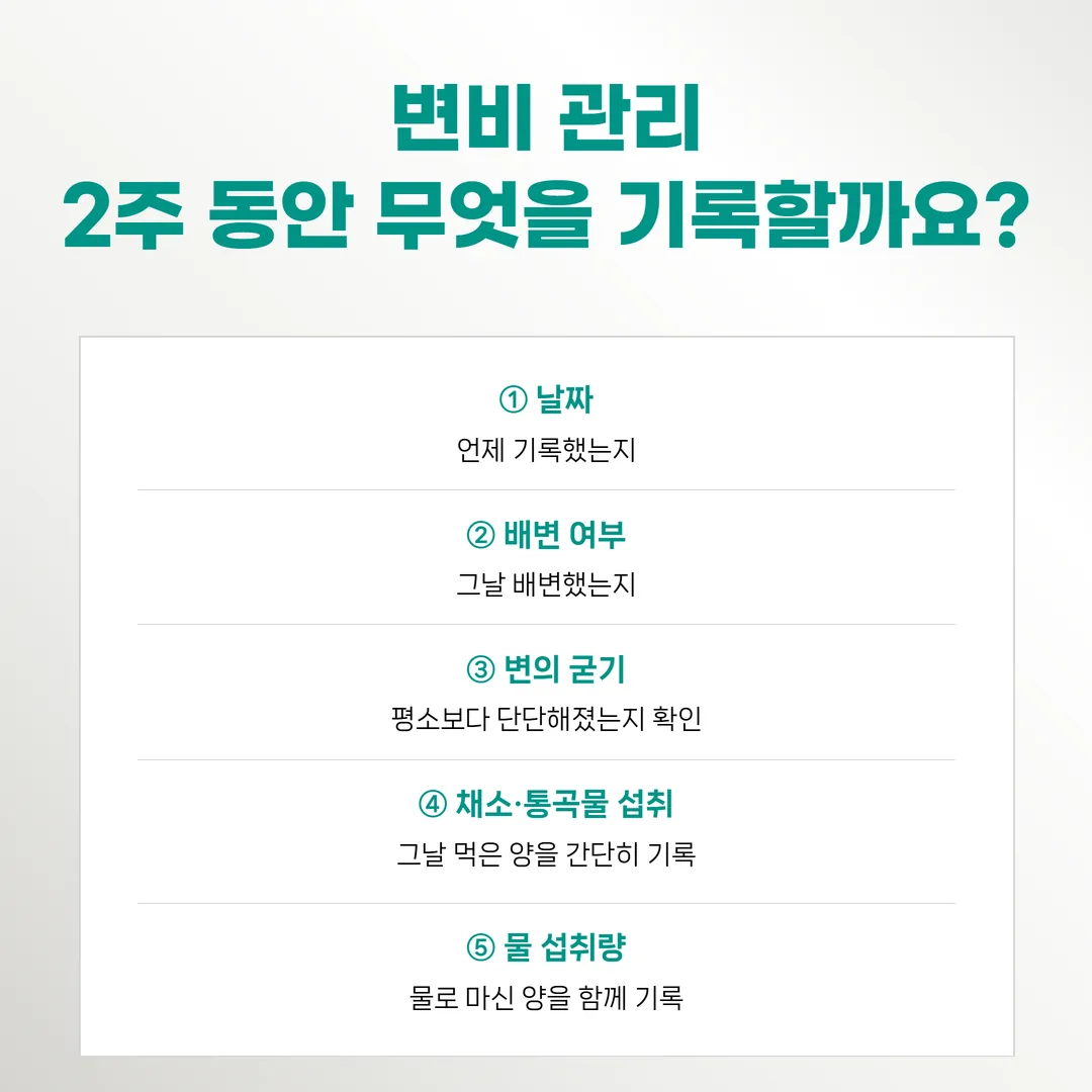 날짜, 배변 여부, 변의 굳기, 채소와 통곡물 섭취, 물로 마신 양 다섯 칸으로 구성된 2주 배변 기록표 서식