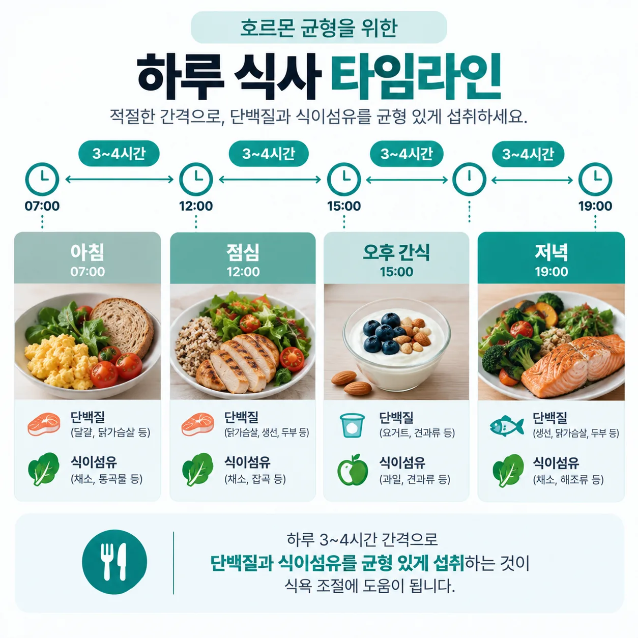 끼니 간격과 단백질 식이섬유 배치를 표시한 하루 식사 타임라인