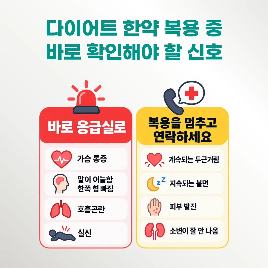 다이어트 한약 복용 중 응급 신호와 중단·연락 기준 구분표