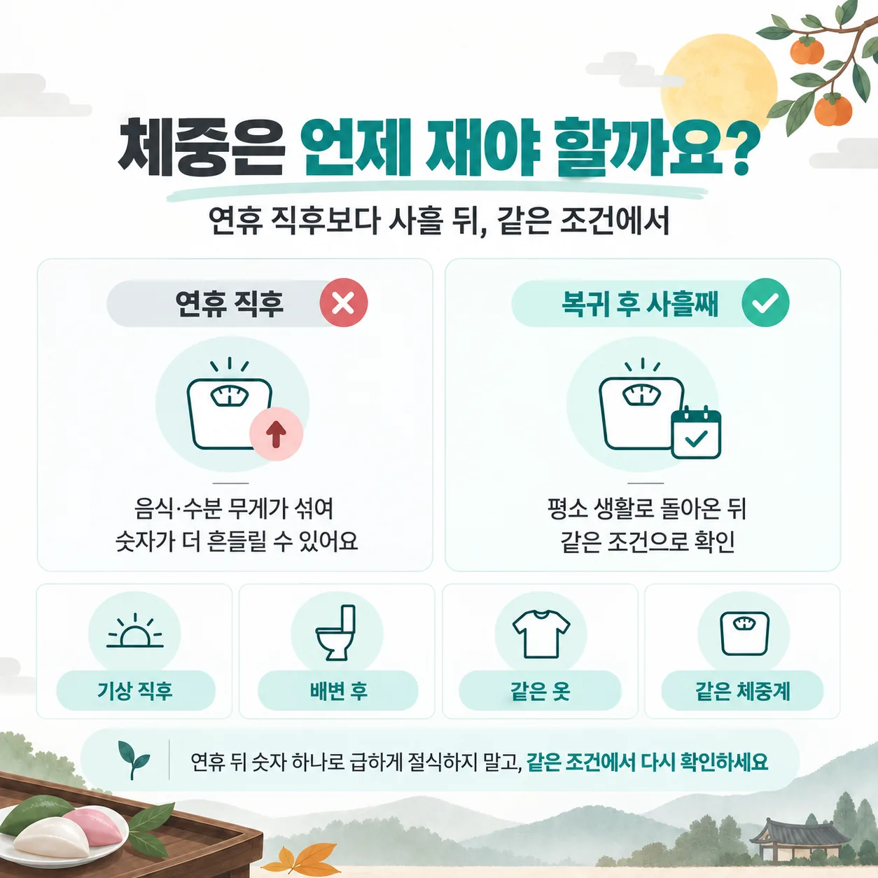 연휴 뒤 체중을 재는 시점과 측정 조건 네 가지를 정리한 도식